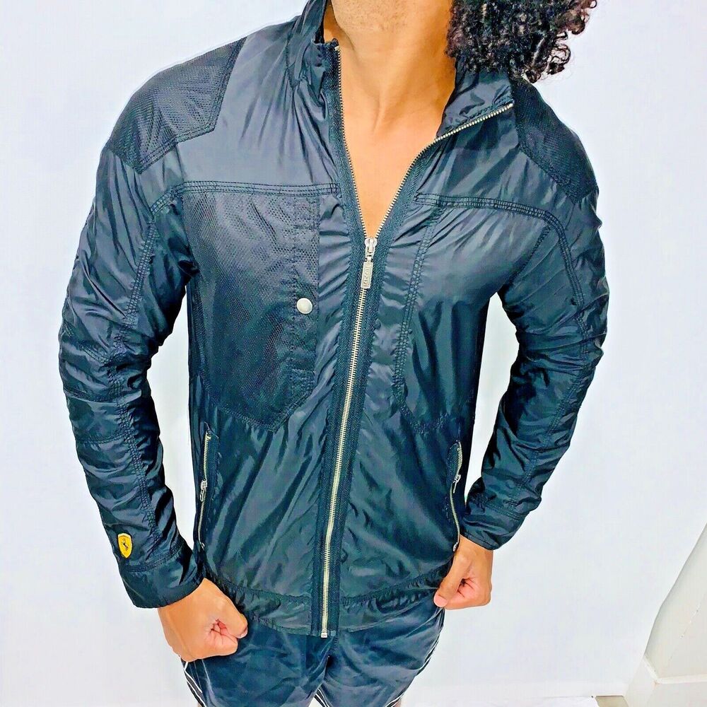 Puma Vintage Rare Ferrari Black Windbreaker Nylon Glanz Jacket Small